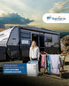 Woman standing next to a caravan with a washing machine and drying rack outdoors, featuring Samaria Australia branding.