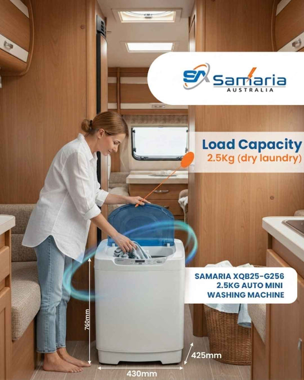 Woman using a mini washing machine in a compact living space with Samaria Australia branding.