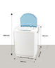 White washing machine with blue lid and dimensions labeled on a white background