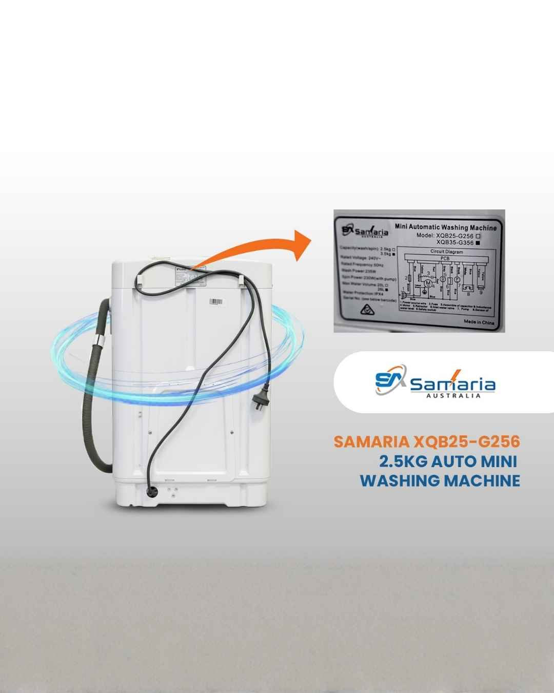 SAMARIA 2.5KG AUTO MINI WASHING MACHINE with branding and specifications on a white background