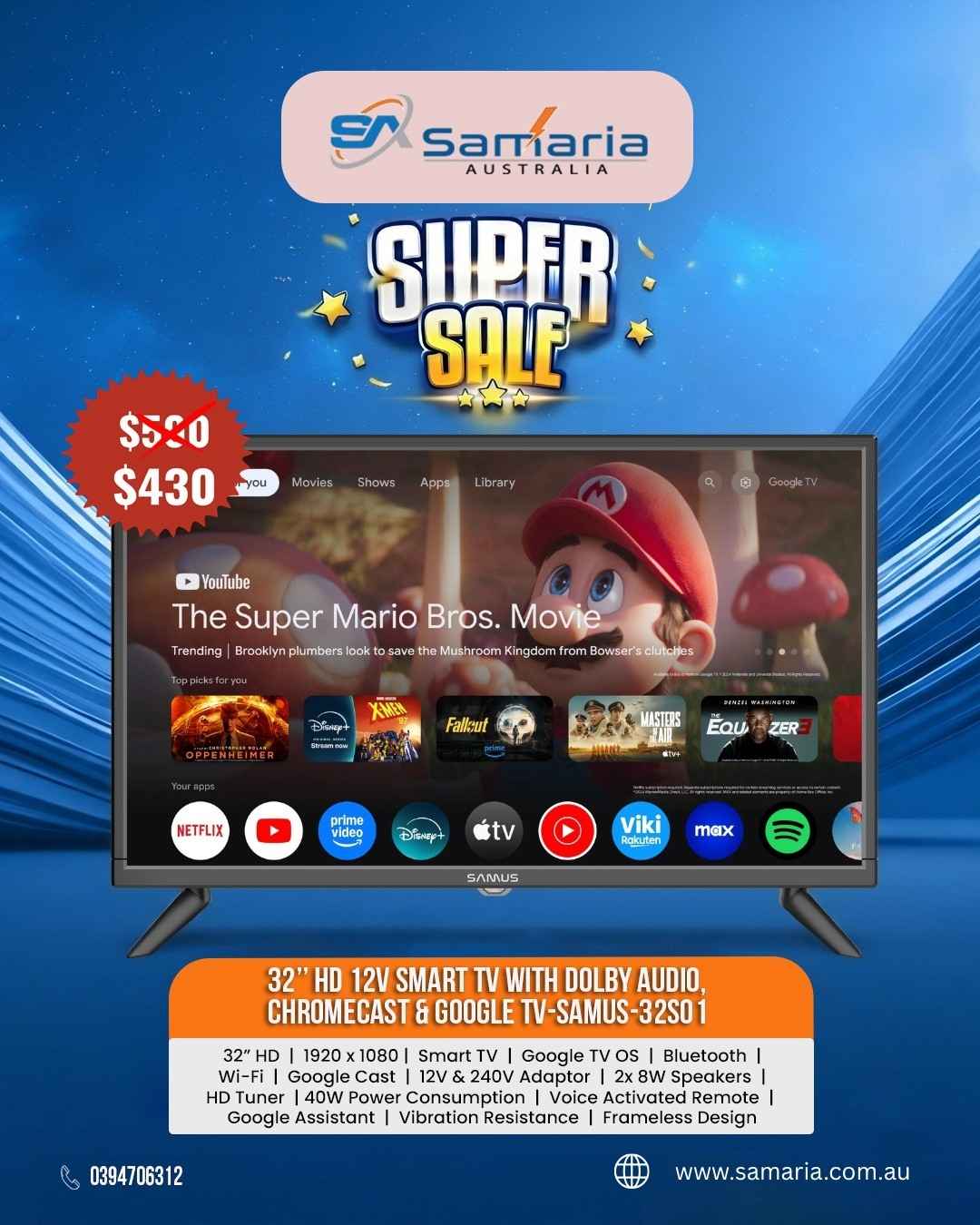Advertisement for a 32-inch HD smart TV with Samaria Australia branding and Super Sale promotion.