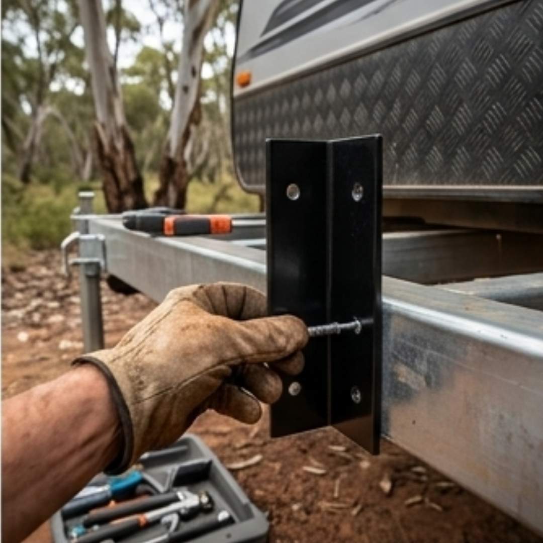 Hand with tool holding metal bracket against a truck bed outdoors