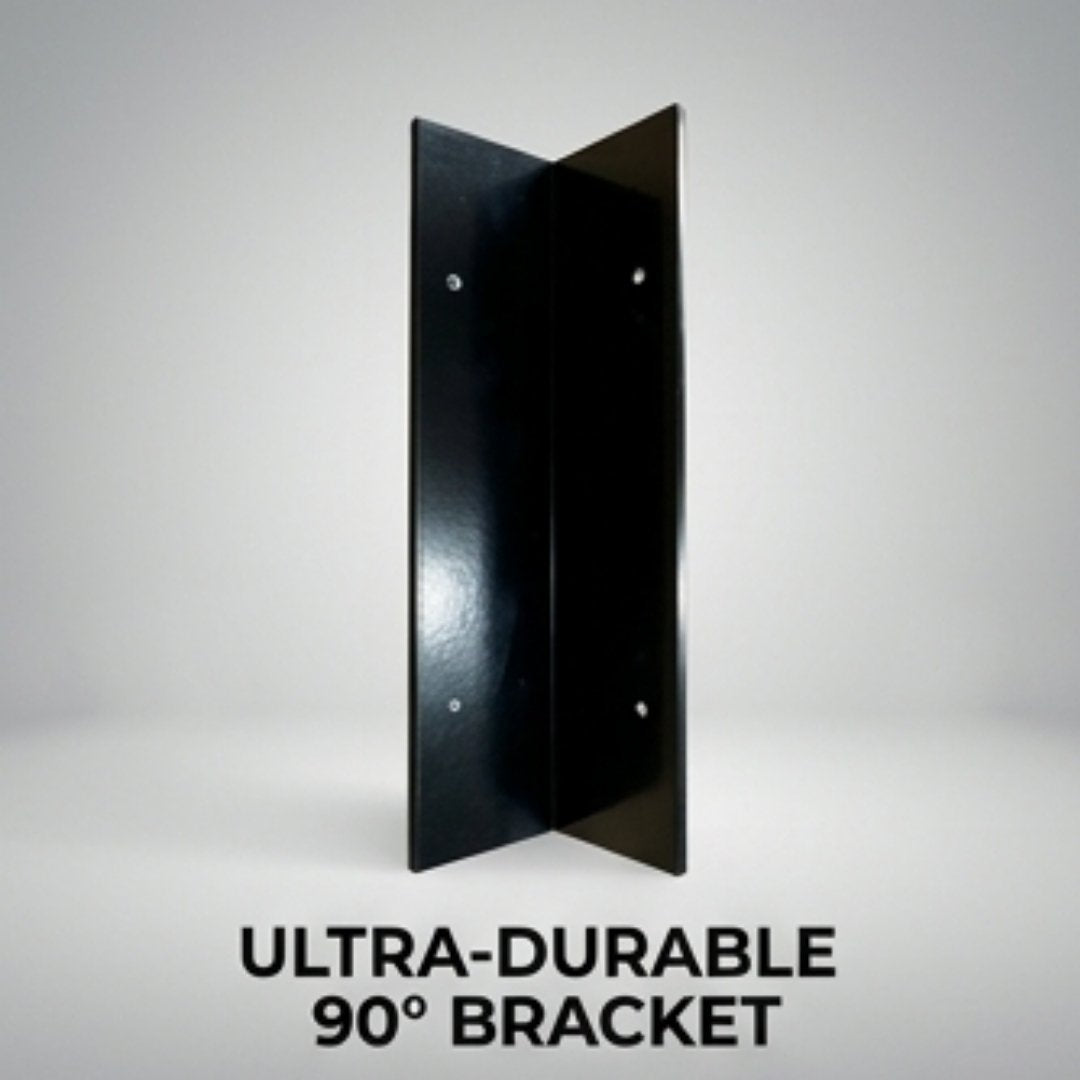 Black 90-degree bracket on a gray background with text 'ULTRA-DURABLE 90° BRACKET'.