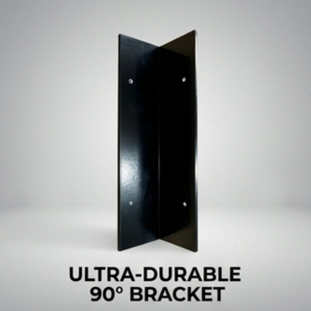 Black 90-degree bracket on a gray background with text 'ULTRA-DURABLE 90° BRACKET'.