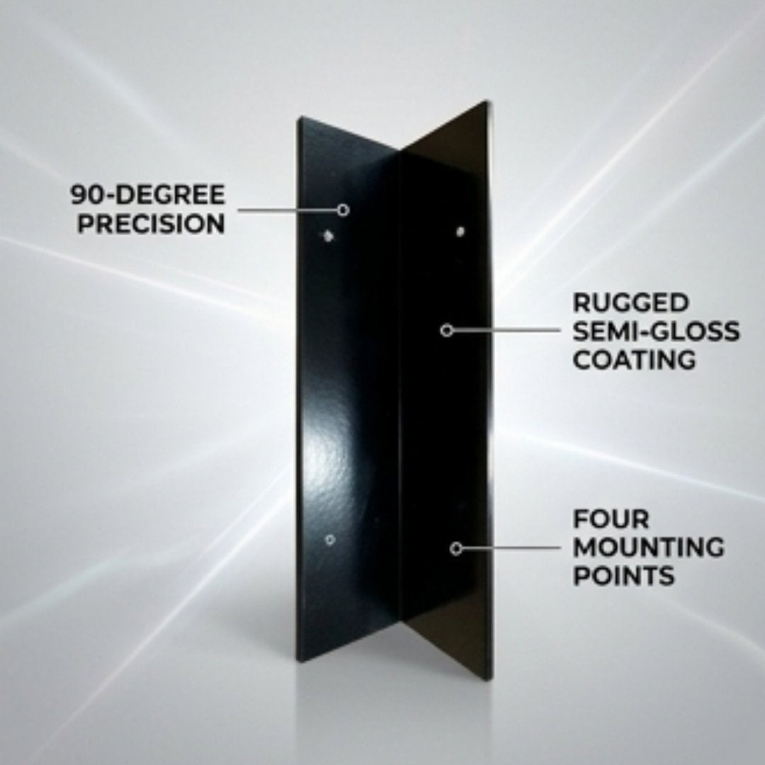 Black panel with labeled features on a white background