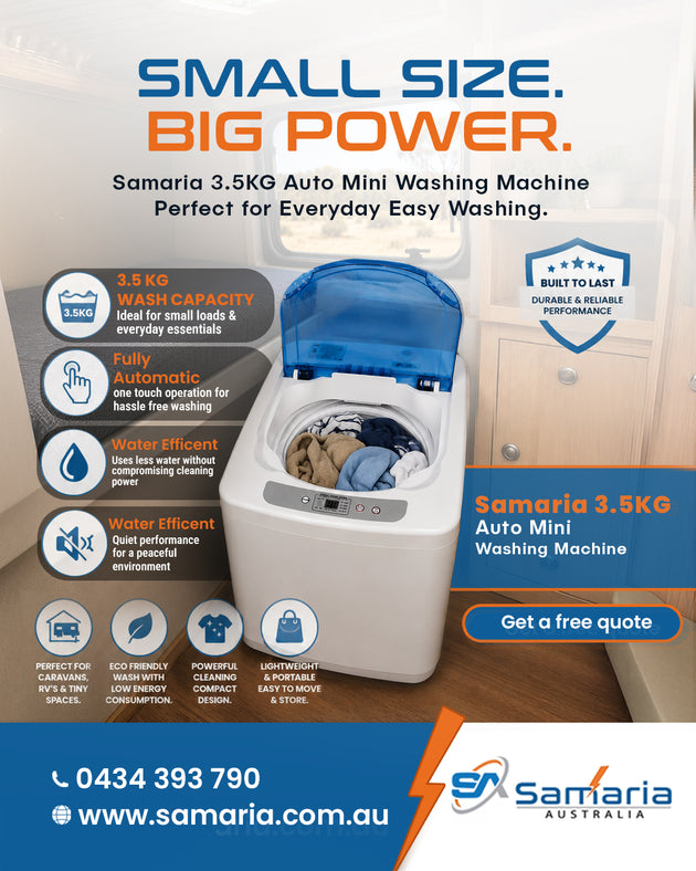 Advertisement for Samaria 3.5KG Auto Mini Washing Machine with features and branding.