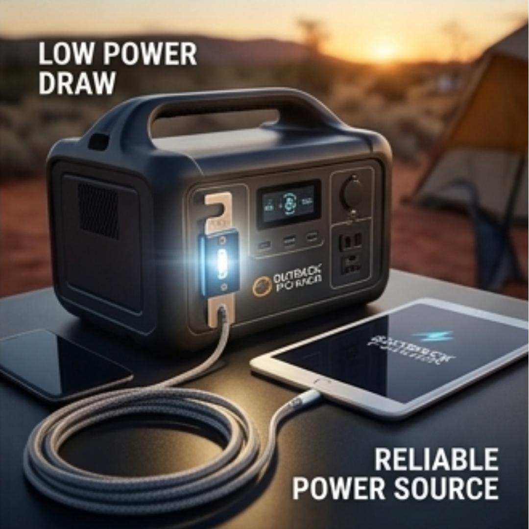 Portable power station charging a phone with a scenic background