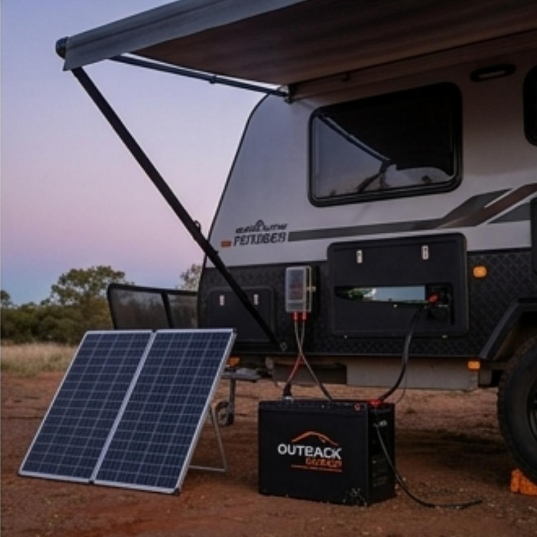 Solar panels and battery system connected to an RV in a desert setting
