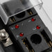 Close-up of a multimeter with red indicator lights on a clear background