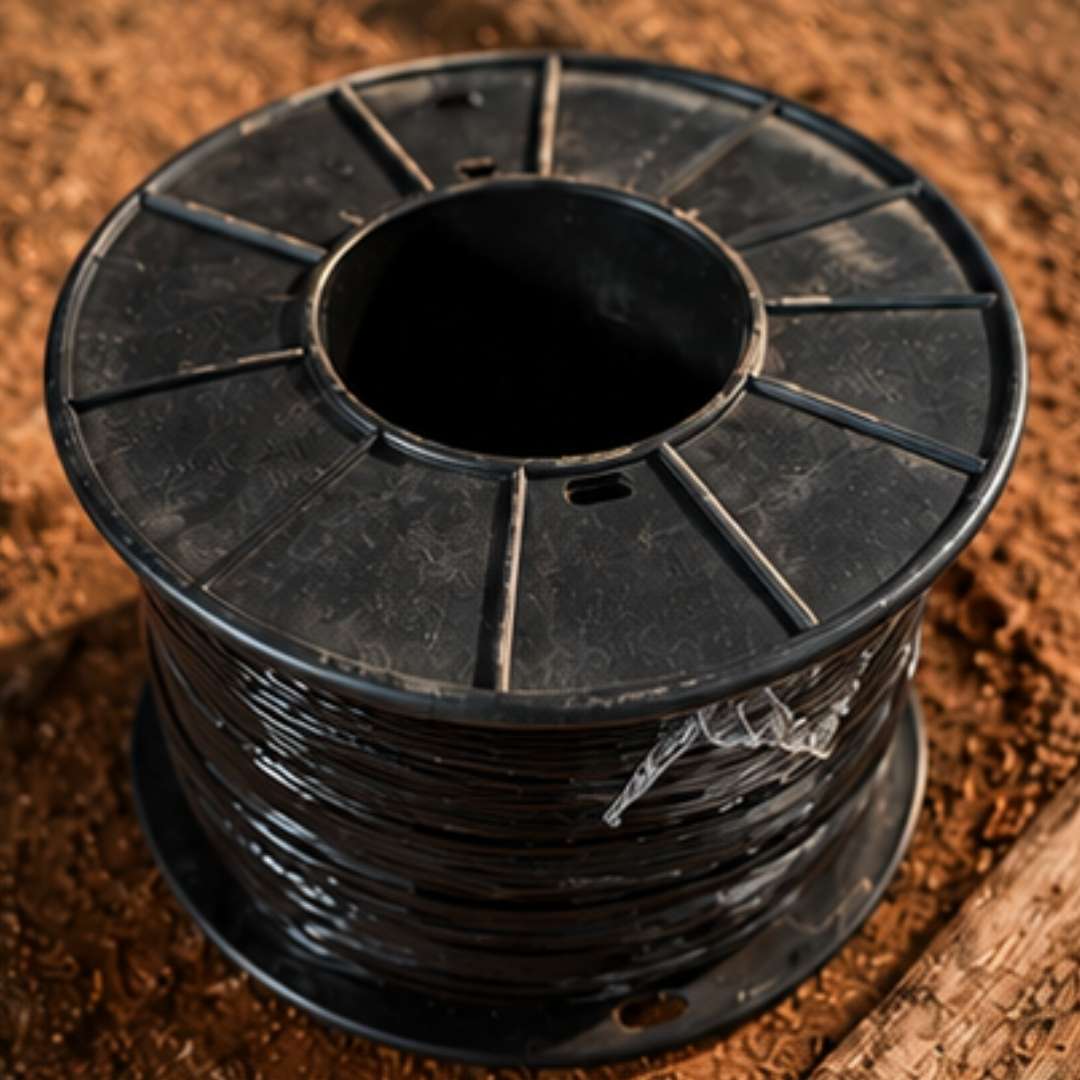 Black spool of wire on a wooden surface