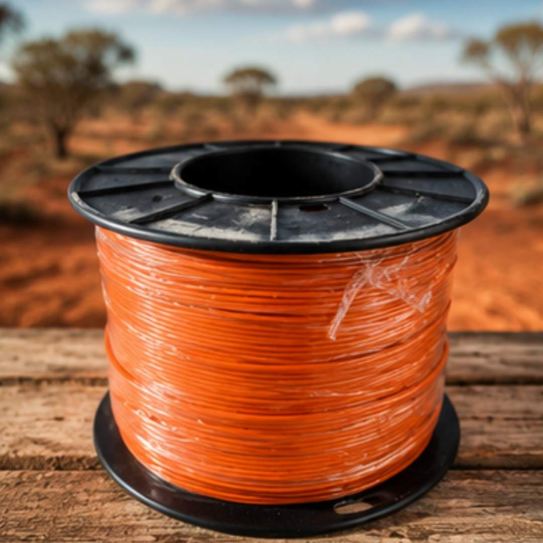 Spool of orange cable on a wooden surface with a desert landscape in the background