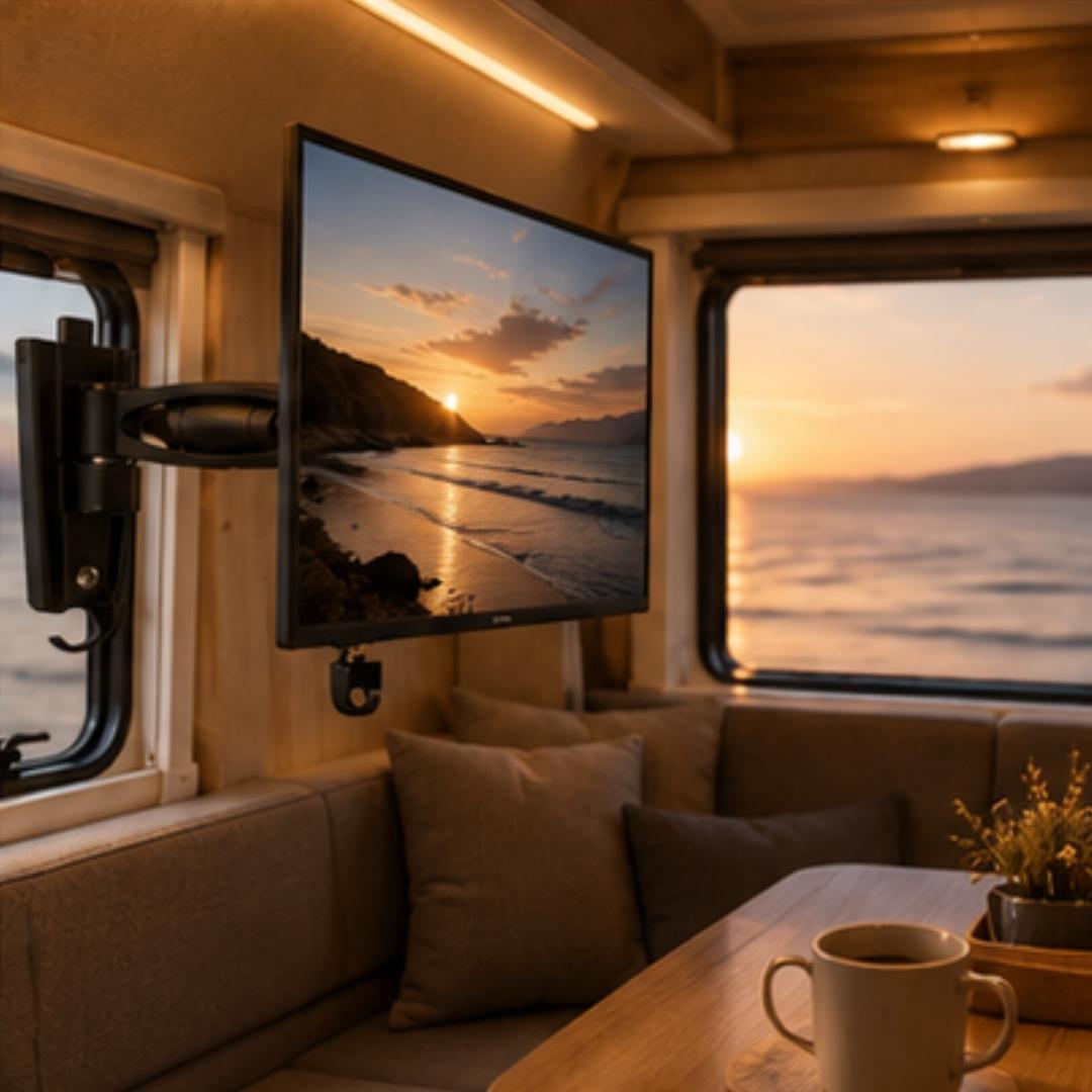 Interior of a vehicle with a TV displaying a sunset over water, a couch, and a coffee cup on a table.