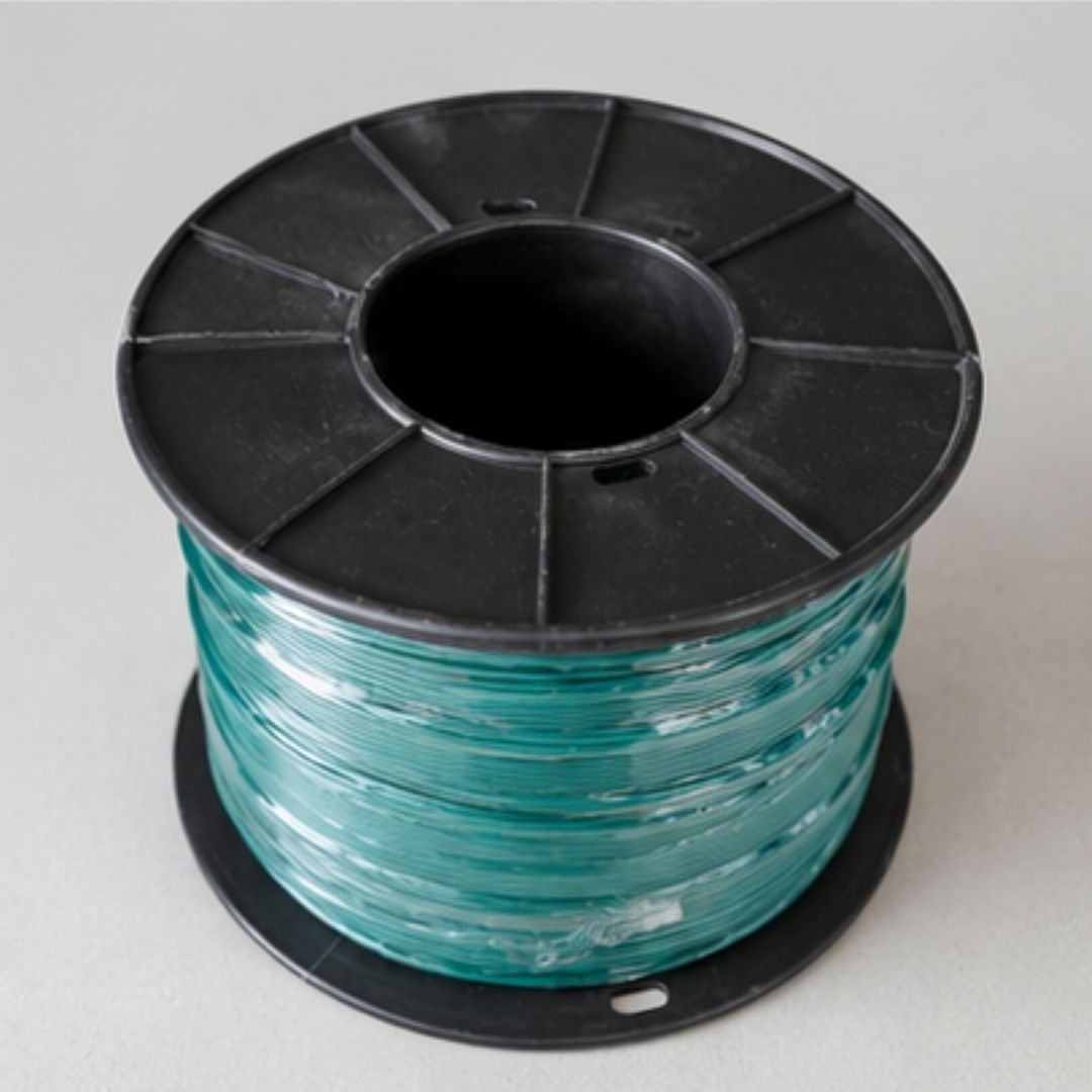 Spool of green wire on a black plastic reel against a light gray background