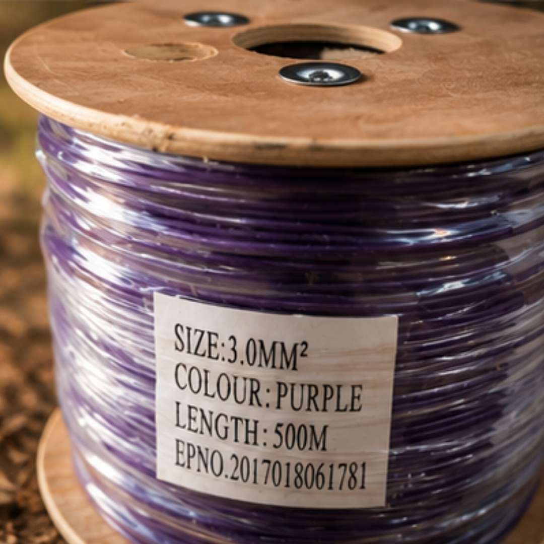 Spool of purple wire with a label on a wooden reel