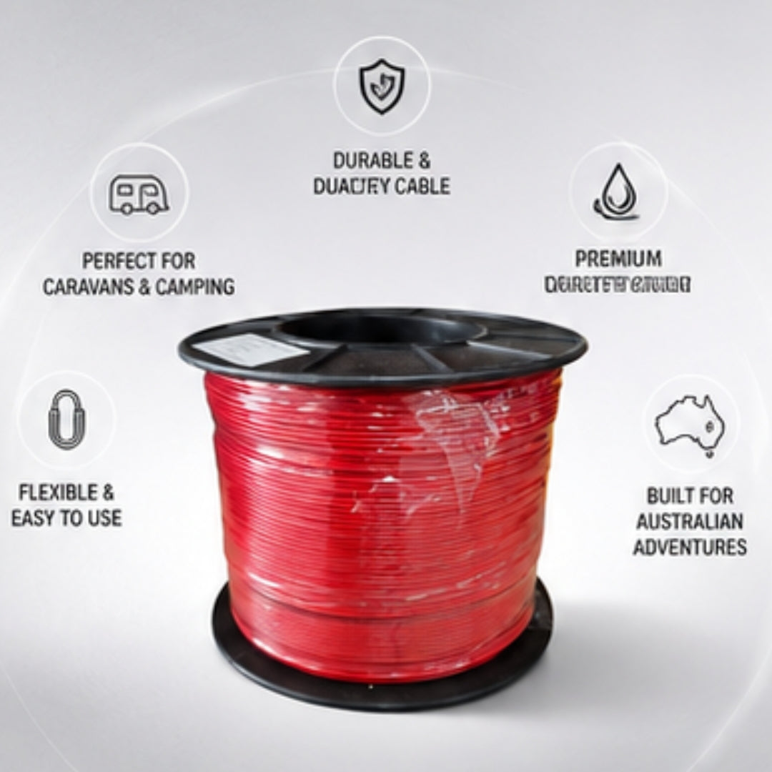 Red cable spool with durability and suitability for caravans and camping features on a white background