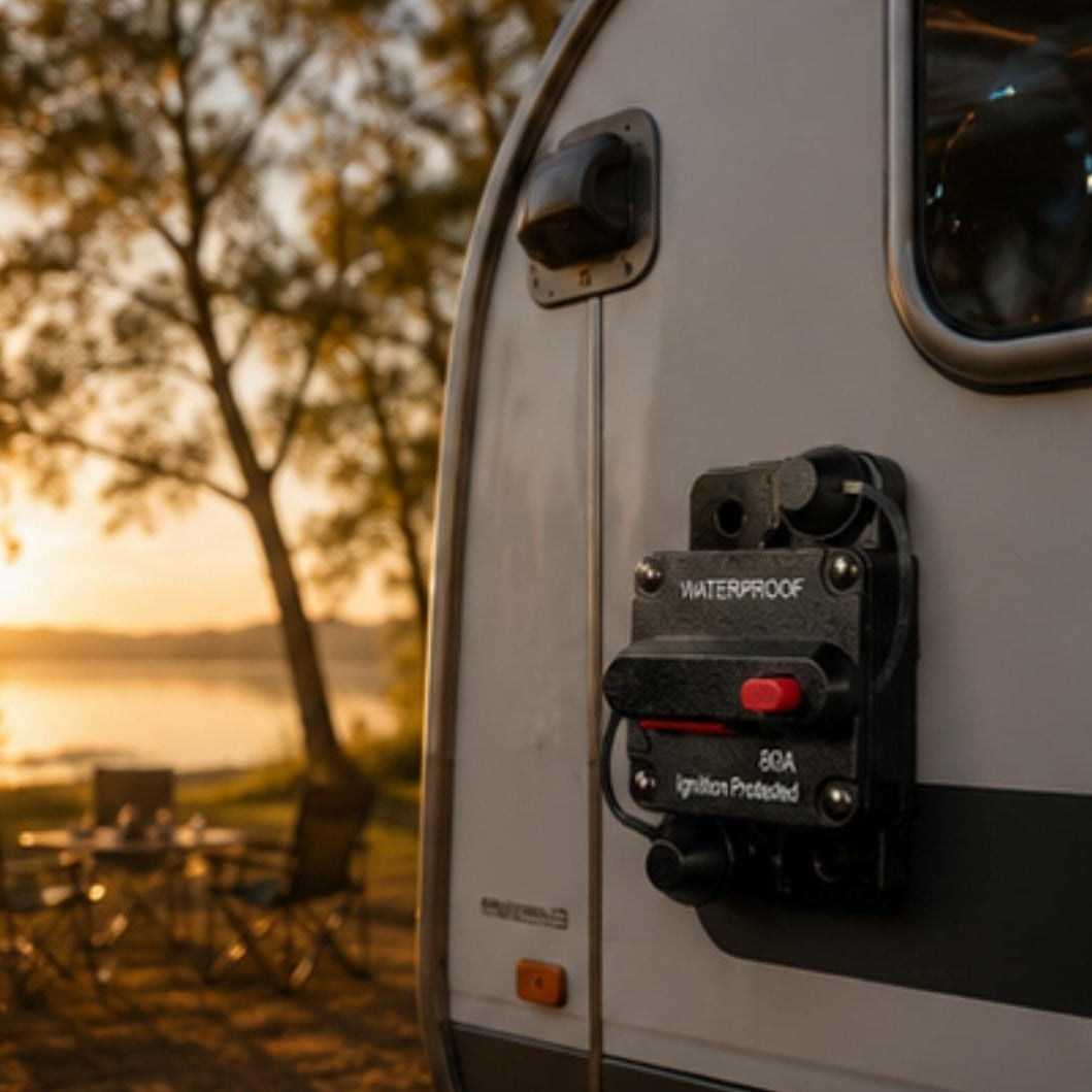 Close-up of a waterproof switch on a vehicle with a sunset and trees in the background